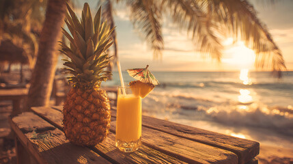Pineapple juice and fresh pineapple resting on table at sunset on tropical beach