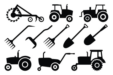 Vector art of collection of black silhouette vector icons of agricultural machinery and farming tools for design and decoration