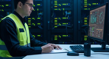 IT technician monitoring cybersecurity data on computer screen in server room while writing report during network maintenance and data center operations