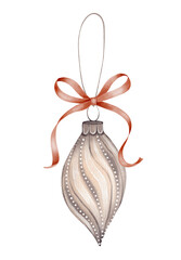 Watercolor illustration of a brown Christmas ball with a ribbon on a white background. Suitable for Christmas cards, holiday posters, gift wrapping, winter decor.