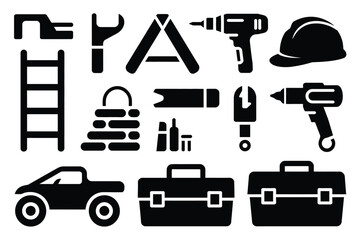 Fototapeta premium Vector art of collection of black and white construction and repair icons, including tools, equipment, safety gear, vehicles, and other hardware elements