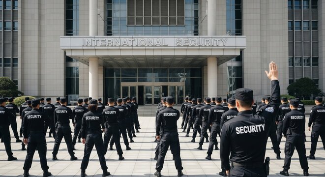 Security team training outdoors at international security agency headquarters with personnel in uniform standing in formation for coordination and discipline exercise