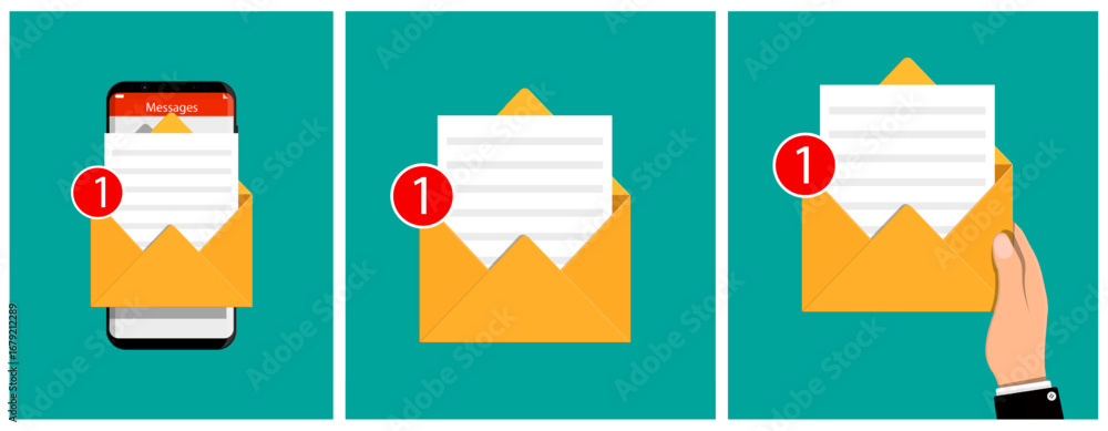 Poster new message notification with smartphone and mail icon. man receives important email. business commu