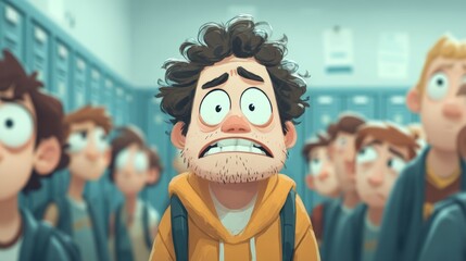 Nervous student surrounded by peers in a busy school hallway setting