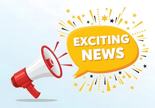 Megaphone broadcasting exciting news with colorful bursts and stars announcing important announcements and celebrations