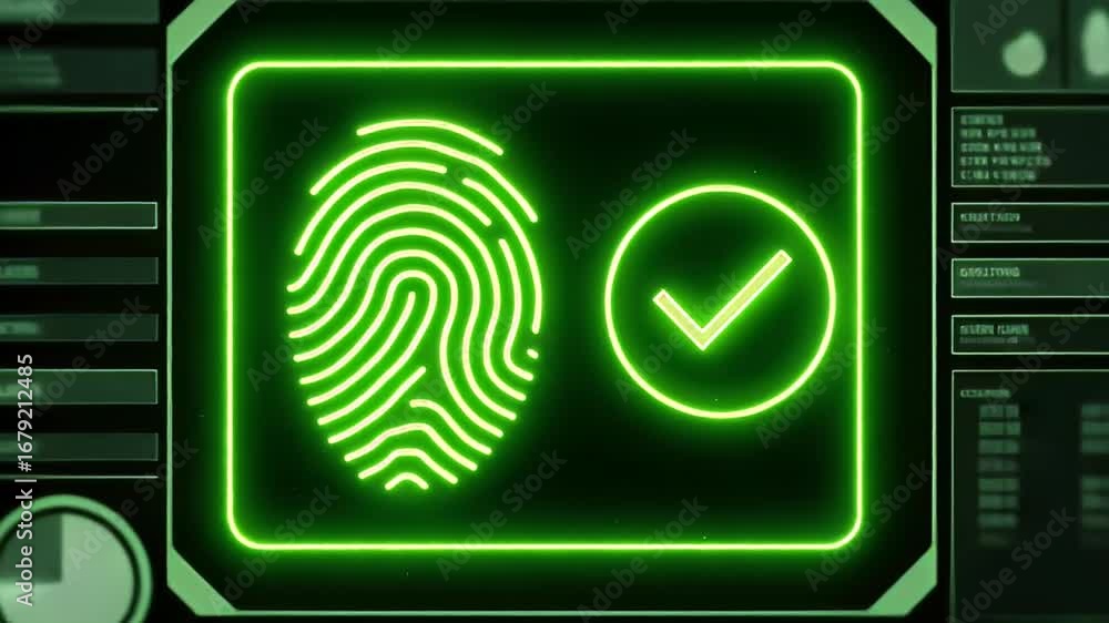 Poster biometric access granted: the image showcases a close-up view of a biometric fingerprint scan, a dig