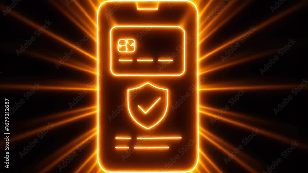 Poster digital security: a glowing orange digital illustration of a smartphone screen displaying a credit c
