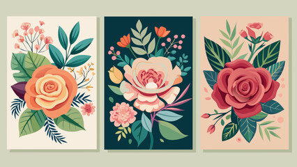 Obraz premium Vector art of three floral bouquets with roses and various flowers, perfect for cards, invitations, or decorative elements in a vintage and romantic style