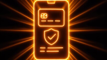 Digital Security: A glowing orange digital illustration of a smartphone screen displaying a credit card and a shield, representing secure transactions and online safety in a contemporary design. - Powered by Adobe