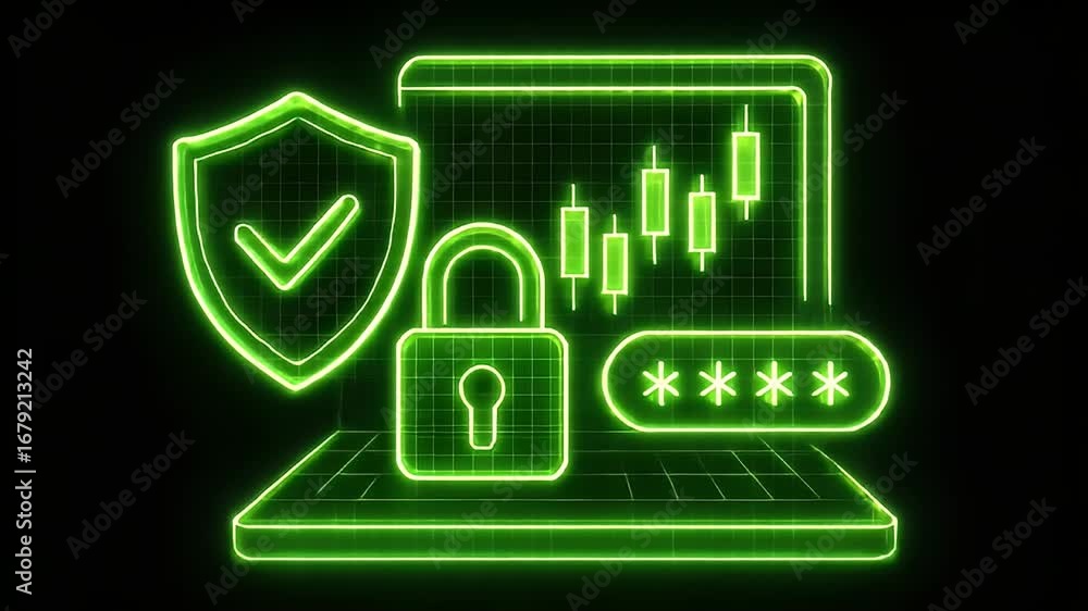 Poster cybersecurity shield: an artistic rendering of a laptop, complete with a glowing security shield, a 