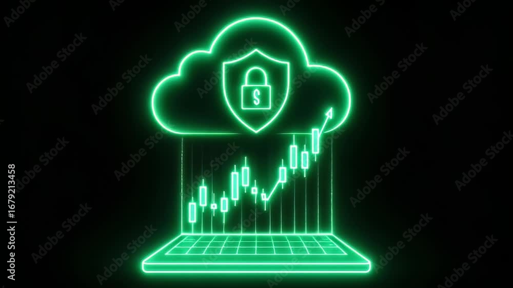 Poster secure cloud data: a vibrant neon-style illustration encapsulates cloud security and data protection
