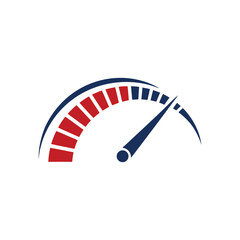 Red and blue speedometer gauge with needle pointing right on white background dial measurement
