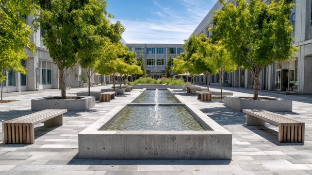 Courtyard fountain with trees and benches