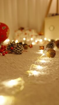 Vertical video. Wide Angle View of Christmas Tree on Carpet with String Lights Leading Toward Woman Decorating in Background