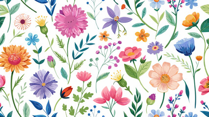 Vector art of colorful floral pattern with watercolor flowers, leaves and branches for spring, summer, wedding and romantic designs