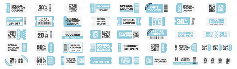 Coupon card set, gift vouchers and discount certificate. Promotion sale coupon mockup design with discounts and percent on transparent background