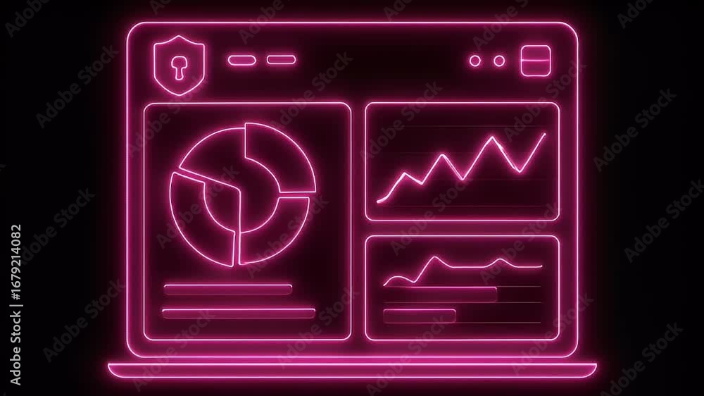 Poster digital dashboard: a captivating graphic rendering of a neon-lit laptop interface, presenting analyt