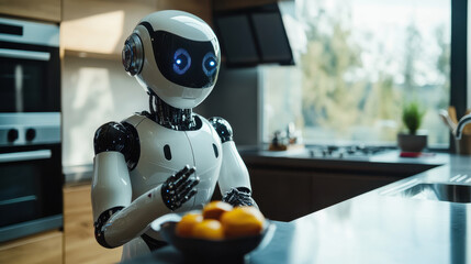 Humanoid robot assisting in a modern smart home kitchen