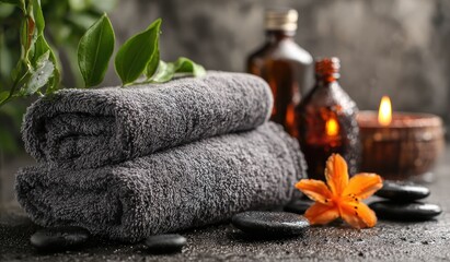 Spa towels, stones, and flowers on a dark surface