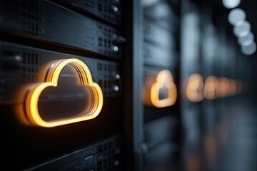 Glowing Cloud Computing Symbol on Server Rack in Data Center.