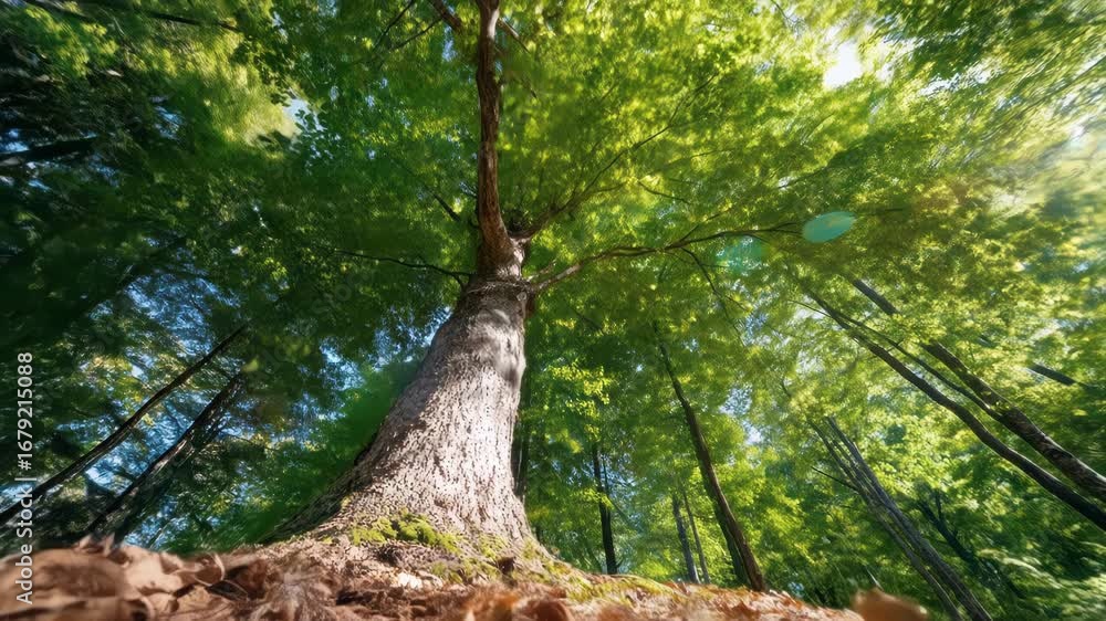 Poster mesmerizing view of lush green forest canopy with sunlight filtering through foliage, tree trunks
