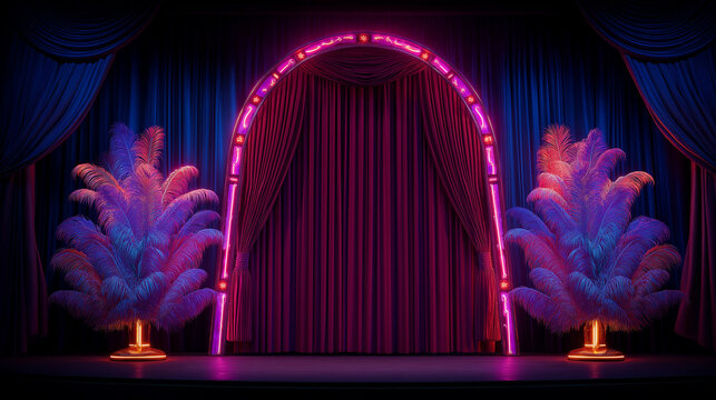 Retro stage with neon arch and feather decorations