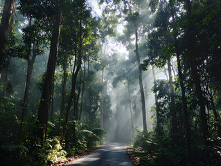 Obraz premium Verdant Forest Road with Bright Sunlight Streaming Through Tall Green Trees