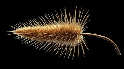 A dried, brown, spiky seed pod with a long, curved stem, set against a black background.