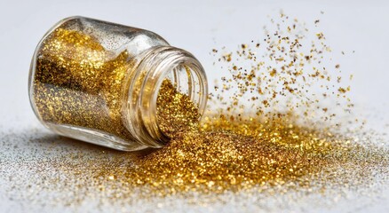Golden glitter spills from a glass jar