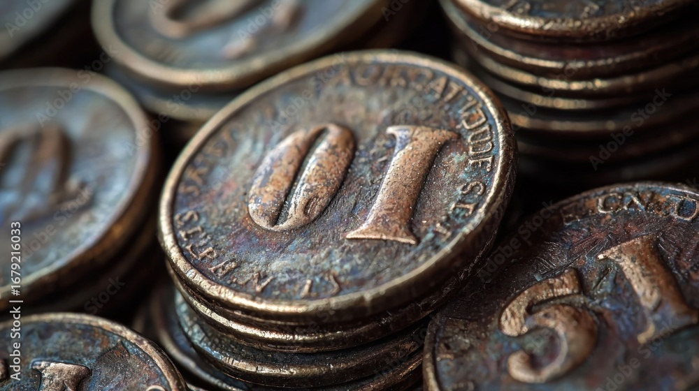 Poster a close-up of a stack of old, tarnished coins with the number '01' on them, arranged in a pile with 