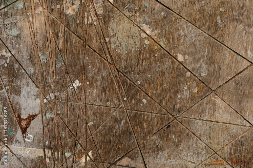 Poster high-resolution image of a rustic, aged wooden surface with carved geometric patterns and paint spla