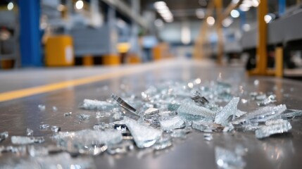 Scattered broken glass on factory floor reflects light, creating striking visual contrast in industrial setting. scene evokes sense of chaos and disruption