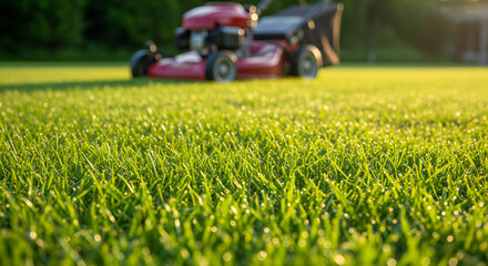 Freshly Cut Lawn with Lawnmower in Background