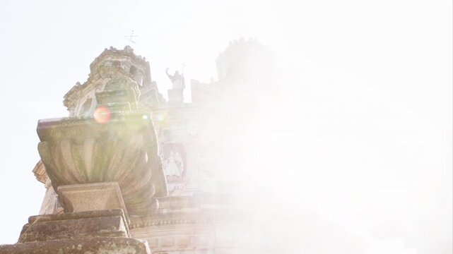 Capela da Virxe on Plaza de la Peregrina square low angle 4K view with two gothic towers architectural masterpiece in Pontevedra cozy town Galicia Northern Spain