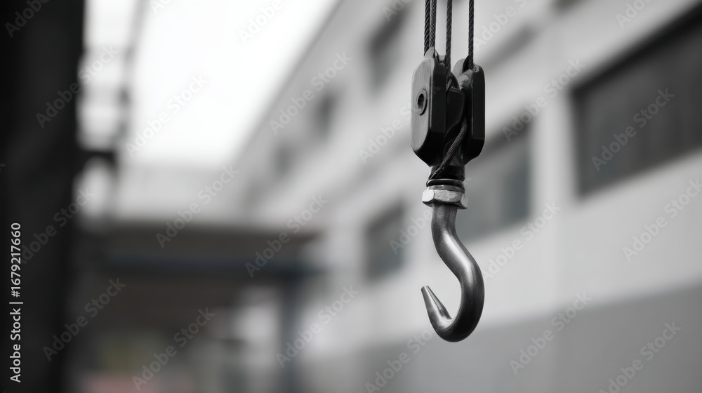 Poster lifting hook hangs suspended, showcasing its metallic design and functionality in industrial setting