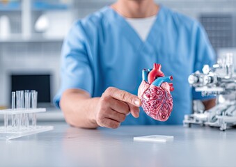 A person in a lab coat holds up a model heart