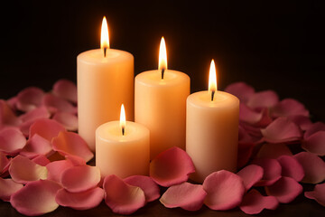 Tranquil Ambiance Four lit candles surrounded by delicate pink rose petals on a dark background