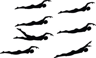 Swimming silhouette illustration, freestyle stroke sequence, swimmer training underwater, aquatic sports exercise, fitness motion pose, competitive swimming cycle, water athlete action, sport