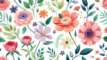 Obraz premium Vector art of seamless floral pattern with colorful flowers, perfect for textile, fabric, print, vintage, rose, leaf, nature and decoration