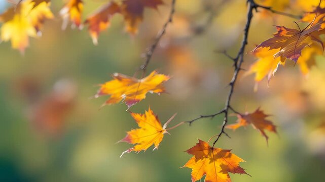 Vibrant Golden Maple Leaves Gently Swaying on a Branch in the Warm Autumn Sunlight.