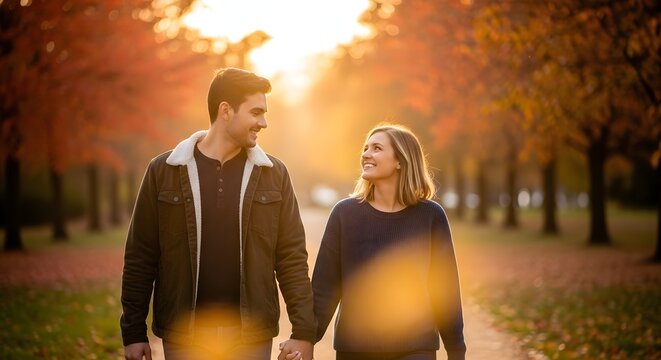 Happy Couple Holding Hands Walking in Autumn Park at Sunset, Romantic Fall Romance