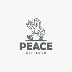 Peace Coffee Logo. Vintage Coffee Bean Mascot with Peace Sign