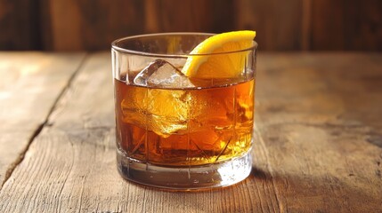 A whiskey glass filled with ice and a slice of orange, placed on a wooden table with a rustic background.