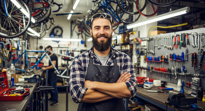 Bicycle Repair Shop Owner Confidently Poses in His Workshop