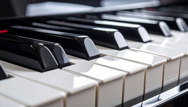 Elegant Close-up of Grand Piano Keyboard with Reflective Black and White Keys, Symbolizing Music, Harmony, and Classic Art.
