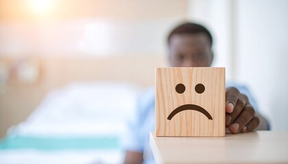 A patient holds a wooden block with a sad emoticon in a medical setting, suggesting dissatisfaction.