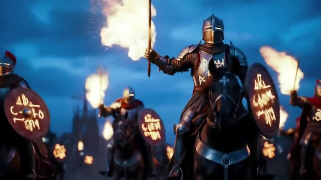 epic knights on horseback carrying torches at twilight