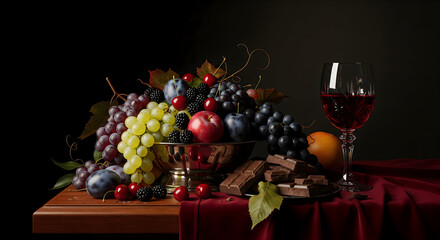 Classic still life with fruit, chocolate, and red wine