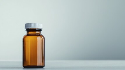 A brown glass medicine bottle with a white cap, placed on a white surface with a light gray background.