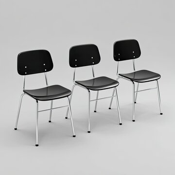 Three black molded plastic chairs with chrome legs (1)